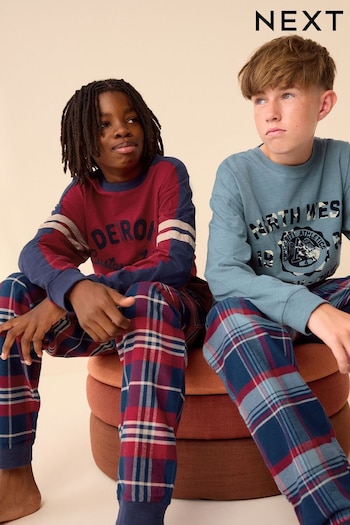 Red/Blue Varsity 2 Pack Long Sleeve Woven Check 100% Cotton Pyjamas (3-16yrs) (K99101) | £26 - £35