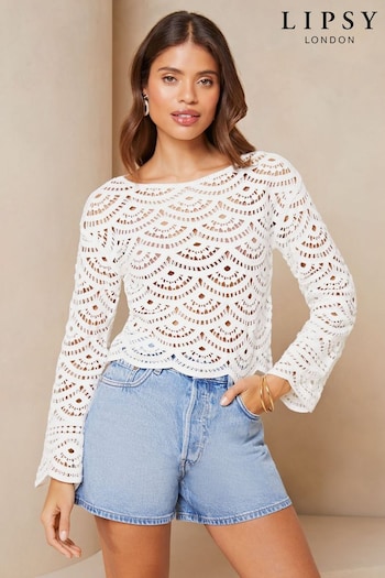 Lipsy Ivory White Sheer Long Sleeve Crochet Top (K99436) | £45
