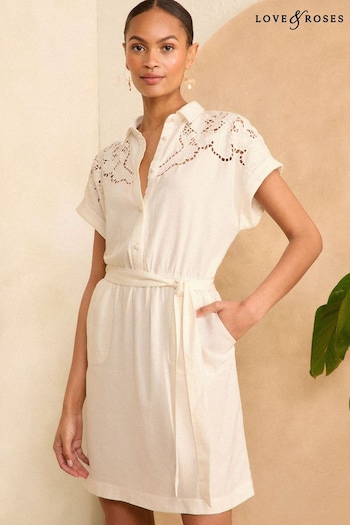 Love & Roses White 3/4 Sleeve Cutwork Mini Shirt Dress (K99446) | £55
