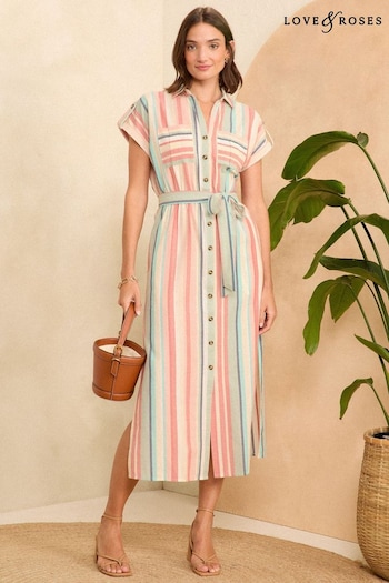 Love & Roses Red and Blue Stripe Roll Sleeve Belted Shirt Dress (K99466) | £58