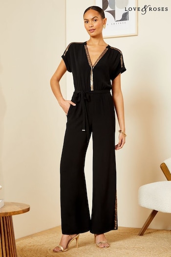 clothing eyewear caps robes Black Petite Sequin Trim Roll Sleeve Wide Leg Jumpsuit (K99470) | £58