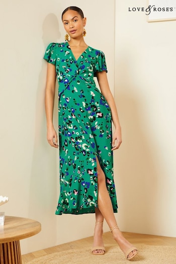 Trending: Top & Short Sets Green Animal Twist Detail V Neck Front Split Midi Dress (K99476) | £56