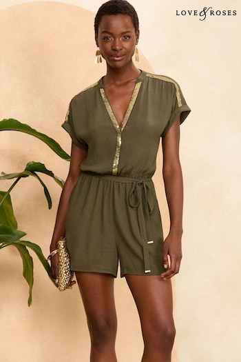 Love & Roses Khaki Green Sequin Trim Shorts Sleeve V Neck Playsuit (K99477) | £48