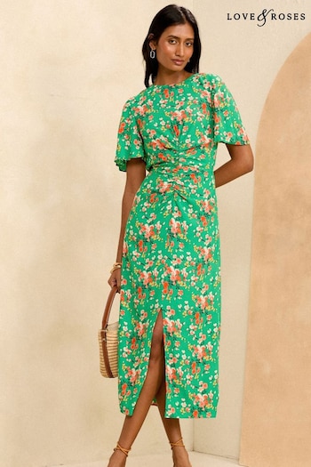 New: Clarke and Clarke Green Floral Petite Ruched Flutter Sleeve Midi Dress (K99489) | £56