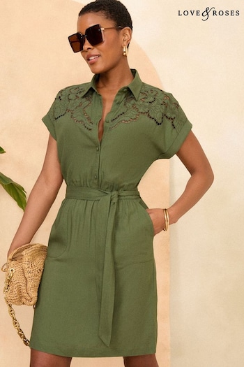 Love & Roses Khaki Green 3/4 Sleeve Cutwork Mini Shirt Dress High (K99499) | £52