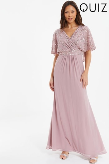 Quiz Pink Sequin Mesh Cap Sleeve Maxi Dress With Wrap Front (K99691) | £90