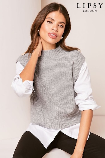 Lipsy Grey 2 in 1 Knitted Shirt Jumper (K99746) | £45