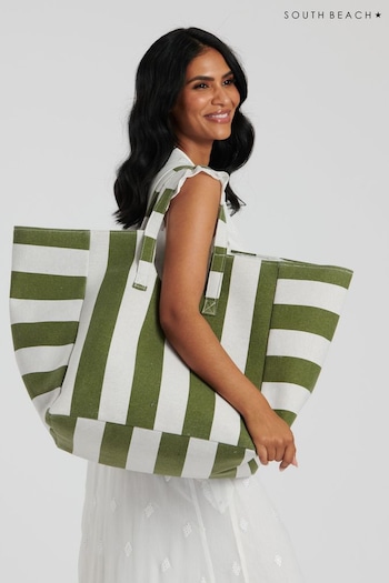 South Beach Green Oversized Shoulder Striped Tote (K99856) | £20