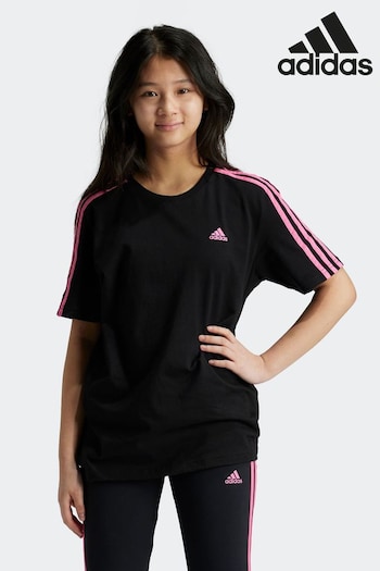 adidas Dark Black Boyfriend Loose Fit Sportswear Essentials 3-Stripes Cotton T-Shirt (K99910) | £13