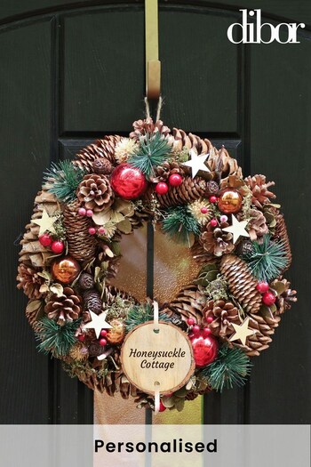 Personalised Red and Green Stars and Baubles Wreath by Dibor (L00132) | £35