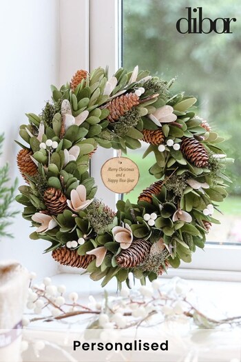 Personalised White Pearl Berries and Mistletoe Kisses Wreath by Dibor (L00318) | £28