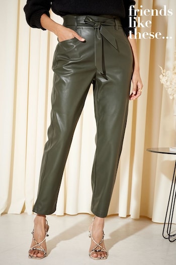 Stradivarius Skinny-Jeans in Schwarz Khaki Green PU Paperbag Belted Trousers (L01027) | £37