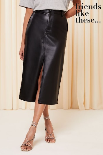 Bean Bags & Pouffes Black Faux Leather Split Front Denim Midi Skirt (L01082) | £39