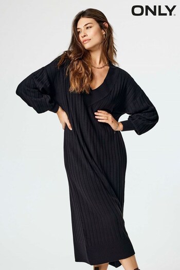 ONLY Black V Neck Midi Knitted Dress (L02805) | £32