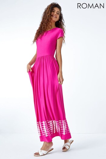 Roman Pink Tie Dye Border Print Stretch Maxi Dress (L06582) | £35