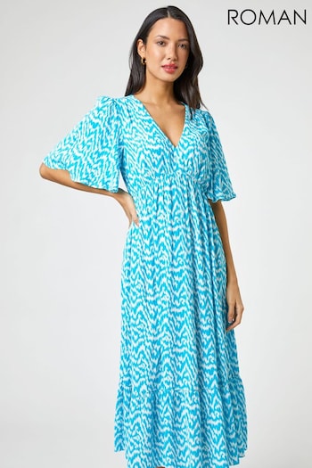 Roman Blue Zig Zag Tiered Maxi Dress (L06598) | £45