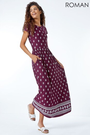 Roman Purple Paisley Border Print Maxi Dress (L06599) | £38