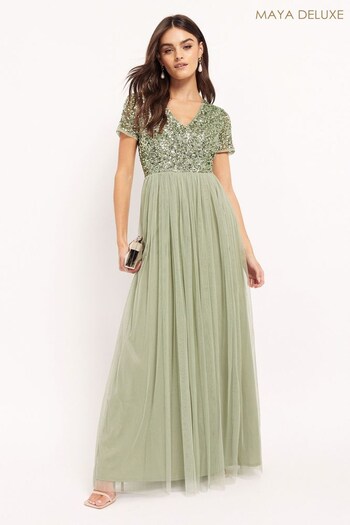 Maya Green V Neck Short Sleeve Sequin Maxi Dress (L08580) | £90