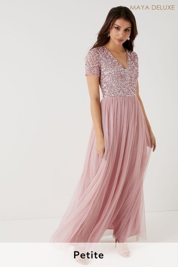 Maya Pink Petite V Neck Short Sleeve Sequin Maxi Dress (L09861) | £90