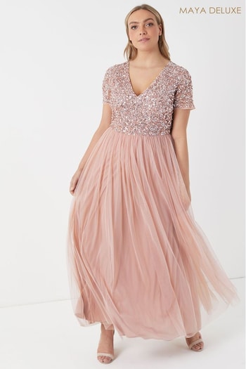 Maya Pink Curve V Neck Short Sleeve Sequin Maxi Dress (L09863) | £90