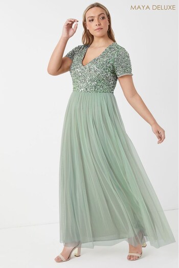 Maya Sage Green Curve V Neck Short Sleeve Sequin Maxi Dress (L09864) | £90