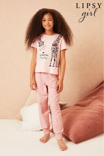 Lipsy Pink Giraffe Short Sleeve Long Leg Pyjama Set (L11286) | £11 - £15