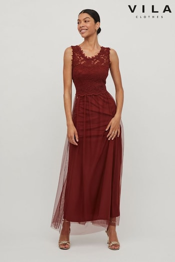 VILA Red Sleeveless Lace And Tulle Maxi Dress (L14324) | £48