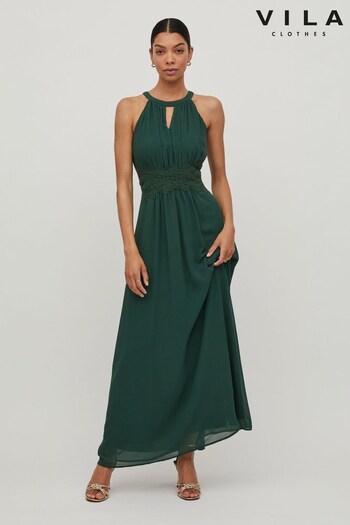 VILA Emerald Green Sleeveless Lace And Tulle Maxi Dress (L14379) | £60