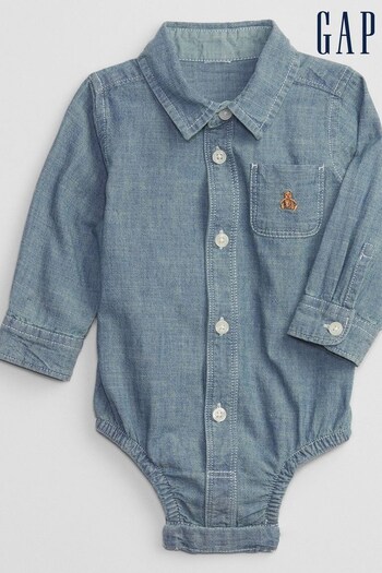 Gap Blue Brannan Bear Pocket Long Sleeve Denim Shirt Baby Bodysuit (L18199) | £18