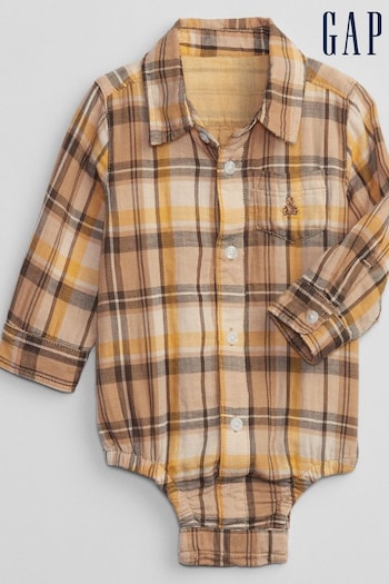 Gap Yellow & Brown Brannan Bear Pocket Long Sleeve Tartan Shirt Baby Bodysuit (L18357) | £18