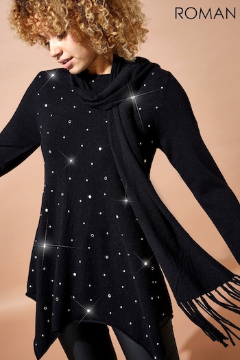 Roman Black Embellished Tunic Jumper with Scarf (L20190) | £40