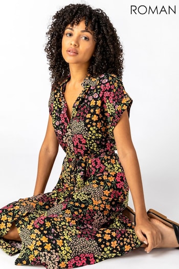 Roman Black Contrast Floral Print trim Shirt Dress (L20196) | £38