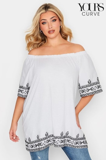 Yours Curve White Embroidered Short Sleeve Bardot Blouse (L21001) | £24