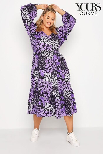 Yours Curve Purple Limited Tiered Tie Sleeve Floral Dress (L26341) | £33