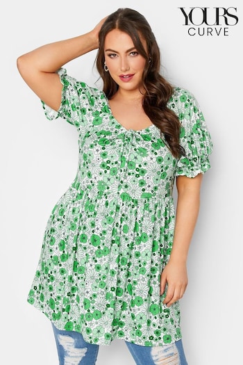 Yours Curve Green Limited Ruched Puff Sleeve Top (L30381) | £24