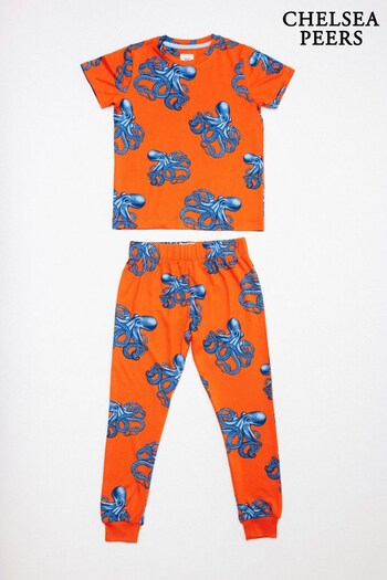 Chelsea Peers Orange Kids' Octopus Print Long Pyjama Set (L30853) | £28