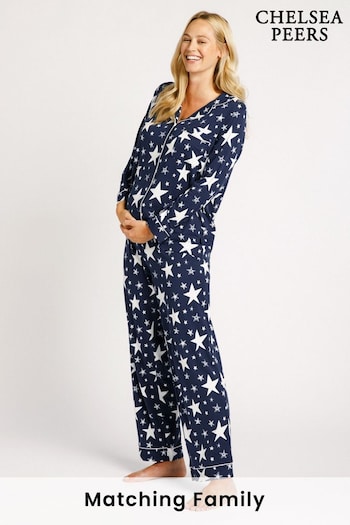 Chelsea Peers Blue Sparkle Star Maternity Button Up Long Pyjama Set (L35027) | £42