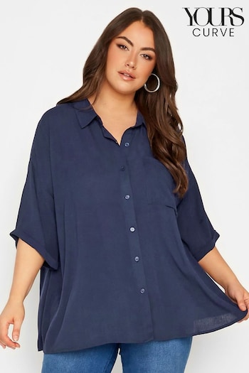 Yours Curve Blue Short Sleeve Crinkle Shirt (L38476) | £24