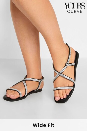 Yours Curve Black Extra Wide Fit Extra-Wide Fit Diamante Flat Strappy Sandal (L38689) | £25