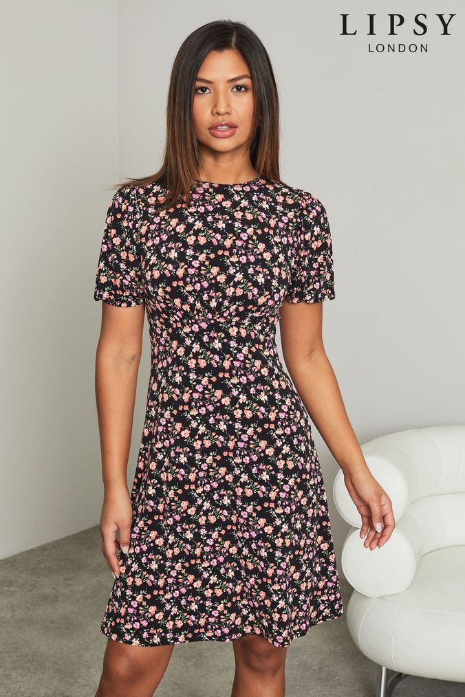 Lipsy Pink Ditsy Petite Jersey Underbust Puff Sleeve Summer Mini Dress (L40240) | £38