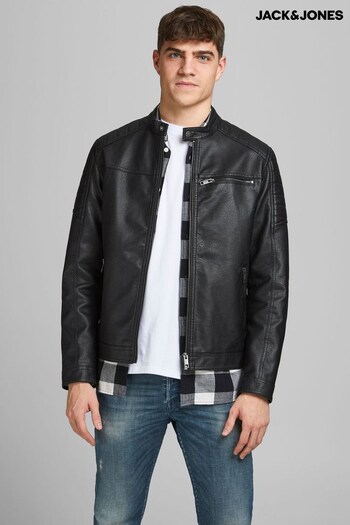 JACK & JONES Black Faux Leather Biker Jacket (L41424) | £70