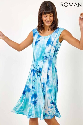 Roman Blue Floral Print Stretch Panel Dress (L42767) | £40