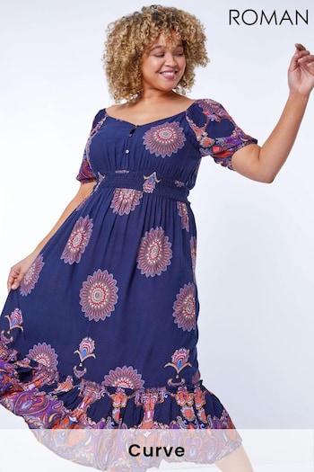 Roman Purple Multi Curve Boho Print Sweetheart Midi Dress (L44040) | £40