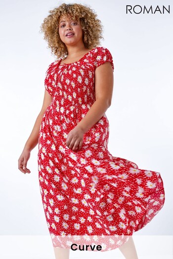 Roman Red Curve Floral Shirred Bardot Dress (L44491) | £40
