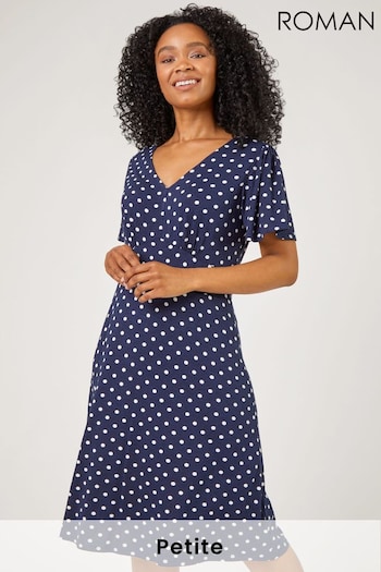 Roman Blue Petite Spot Print Stretch Jersey Dress (L45211) | £38