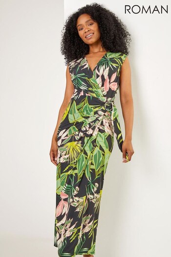 Roman Black/ Green Petite Floral Print Wrap Maxi Dress (L45215) | £48