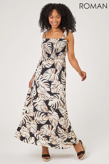 Roman Black Petite Tropical Print Shirred Maxi Dress (L45237) | £45