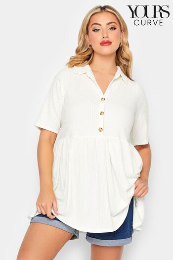 Yours Curve White Limited Short Sleeve Ribbed Peplum Rugy Collar Top (L48992) | £24