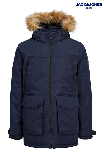 JACK & JONES JUNIOR Blue Parka Coat with Faux Fur Hood (L66130) | £60