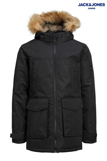 JACK & JONES JUNIOR Black Parka Coat with Faux Fur Hood (L66131) | £60